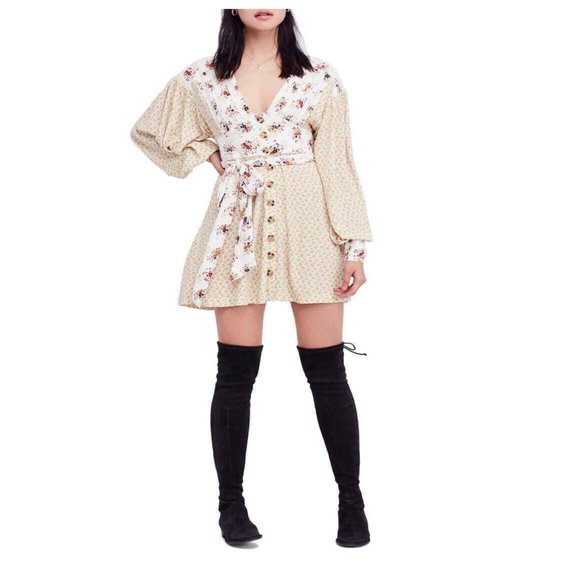 Floral Mini Dress  V Neck Long Sleeve - Size Large - Picture 1 of 3